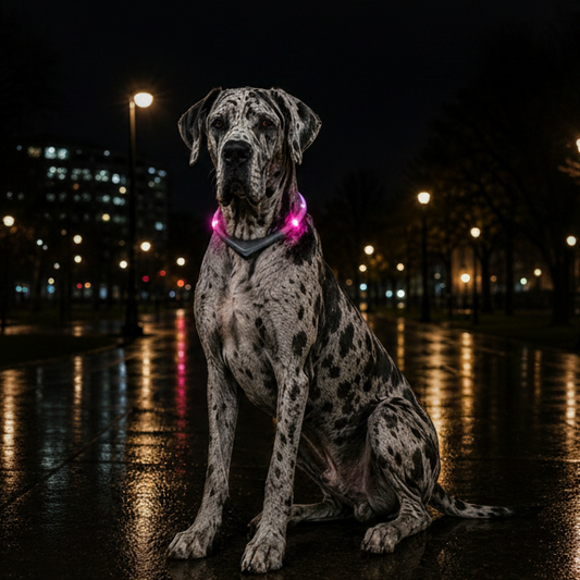 A large black-and-white spotted dog sits on a wet city street at night, wearing a glowing pink collar. Streetlights and reflections are visible in the background.